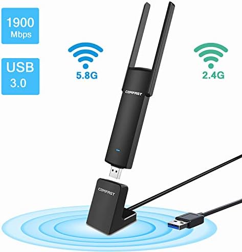USB Wifi Adapter 1900Mbps COMFAST Dual-Band Wireless Network for PC Games, 5.8GHz/1300Mbps+2.4GHz/600Mbps, USB 3.0 Gigabit Wi-Fi Adapter for Desktop Laptops, Compatible with Windows 10/8.1/8/7 /XP,MAC