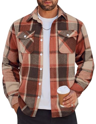 COOFANDY Men Flannel Shirts Long Sleeve Shirt Jackets for Men Lightweight Button Up Shirt Orange