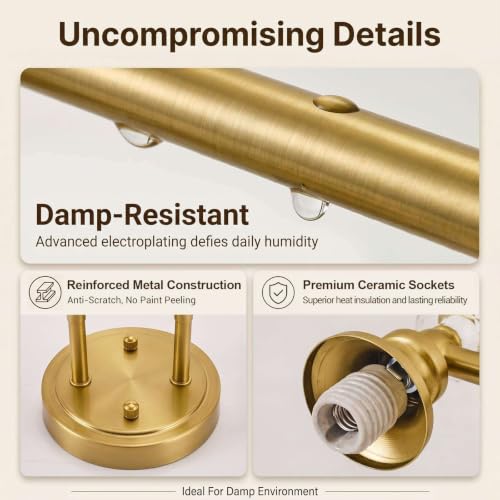 Image of ANDY STAR 2-Light Brushed Gold Bathroom Vanity Light, Transitional Sconce | Ribbed Glass & Crystal Accent, Damp-Resistant, Ceramic E12 Base, Reversible Up /Down Mounting