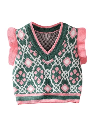 Floerns Toddler Girl's Striped Print Knitwear Pullover Tank Ruffle Trim Sweater Vest Green and Pink 6Y