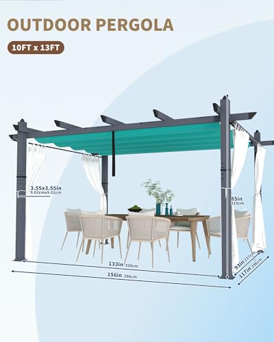 Image of KYBOLT 10x13 Ft Outdoor Pergola with Retractable Canopy & Side Mesh Screen Patio Gazebo for Garden Backyard Deck Grape Trellis(Blue+White)