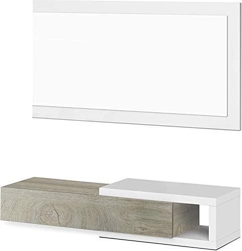 Mobelcenter - Recibidor con Espejo y Cajón - Mueble de Entrada Estilo Moderno - Mueble de Recibidor Color Blanco Artik y Roble Alaska - Medidas: Ancho: 95 cm x Fondo: 26 cm x Alto: 19 cm – (0593)