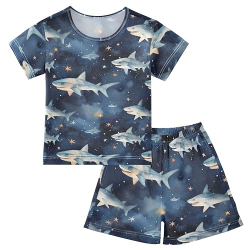 ALAZA Sharks Fishes Stars Pajama Set Short Sleeve Sleepwear Soft Lounge Nightwear
