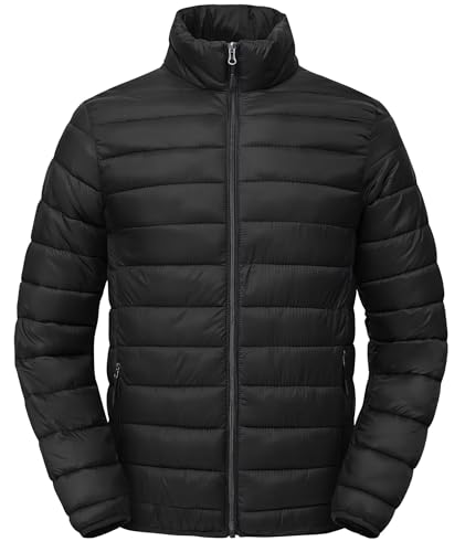 Zoofly Mens Winter Coats Lightweight Windproof Puffer Jacket Water Resistance Outdoor Insulated Padded Puffy Coat with Zip Pockets Black M