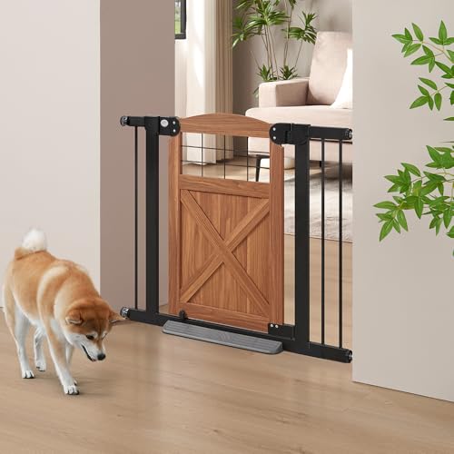 beeNbkks Barn Door Dog Gate, Anti-Kick Pet Gate with Walk Through Door, Modern Farmhouse Puppy Gate, Pressure Mounted Safety Dog Gate for Doorways Stairs House Kitchen, Expandable 29