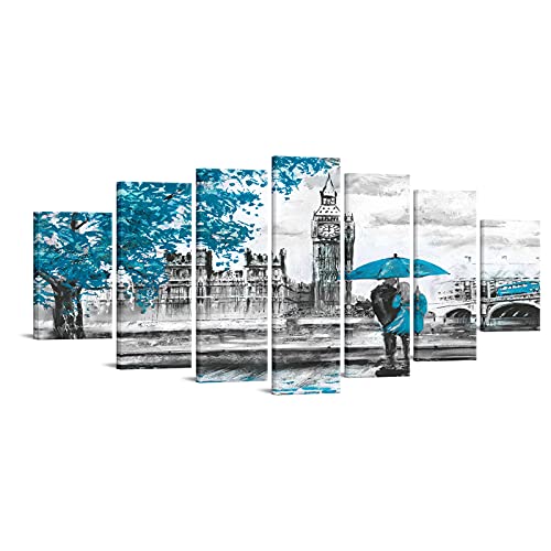 7 Panel Xlarge London Big Ben Canvas Wall Art Romantic Lovers Under Teal Blue Umbrella Picture Downtown Landscape Black White Artwork Natural Scenery Oil Painting Reproduction For Bathroom Decor #TOP21