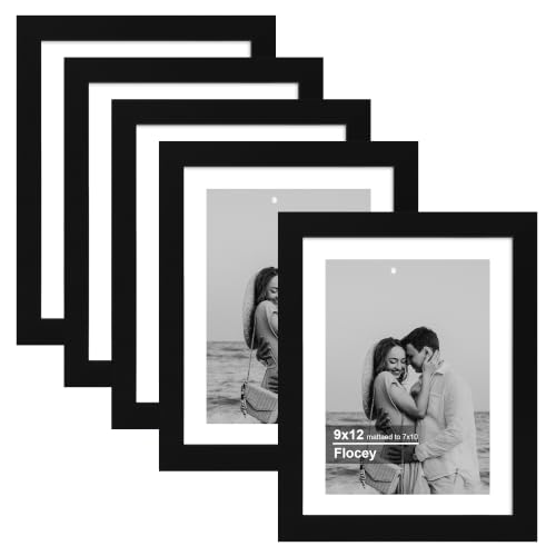 Flocey 9x12 Picture Frame 5 Pack, Black Photo Frame, Display Pictures 7x10 with Mat or 9x12 without Mat for Horizontal or Vertical Wall and Tabeltop Display