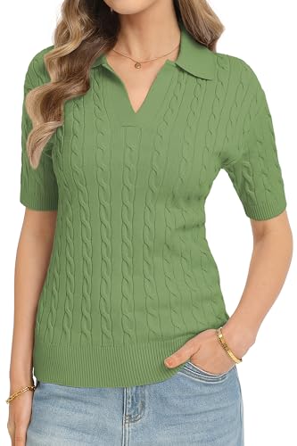 Image of QUALFORT Cable Knit Women's Short Sleeve Sweater Soft V Neck Polo Tops