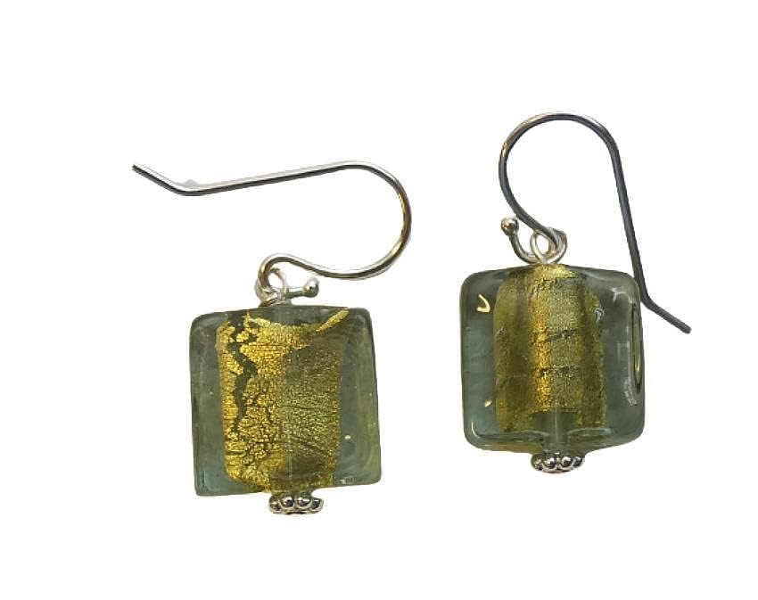 Quadratische Sterling silber Ohrringe aus Murano glas, hellblau, Blattgold - Geburtstagsgeschenk - Handgefertigte Geschenkideen für Frauen