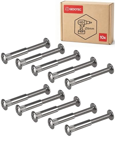 Gedotec Möbelschrauben M6 | 10 Stück - Hülsenschrauben | Verbinder Stahl vernickelt | Holzdicke 46-56 mm | Möbelverbinder Schrankverbinder Kreuzschlitz PZ2 und Flachklinge | Schrauben + Hülsenmutter
