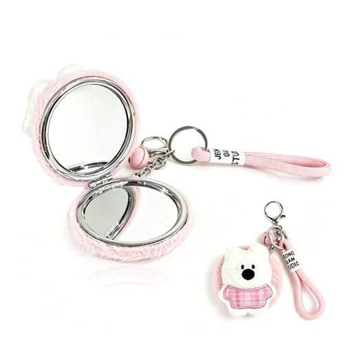 Image of CLTTCLLCT Cute Pink Plush Cartoon Mirror Keychain – 1X/10X Dual Magnifying Mini Travel Compact Makeup Mirror with Key Ring & Wrist Strap, Small Dog Toy Style Plush Ornament, for Women & Girls