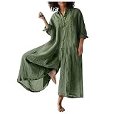 Jumpsuit Damen Sexy Leder Overall Frauen Jeanslatzhose Damen Lang Revers Einfarbiges Langarm Latzhose Mit Taschen Knopfleiste Weites Bein Trägerhose Baumwoll Leinen Sommer Overall Hosenanzug Grün Xxl
