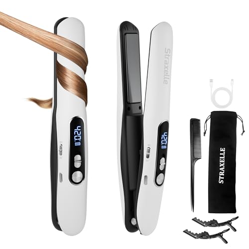Straxelle 2-in-1 Cordless Hair Straightener and Curler, Adjustable 350°F-420°F, 20s Heat-Up/LED Display/5000mAh Battery, Wireless Mini Flat Iron Travel-Safe Ceramic Plates for Fine to Thick Hair