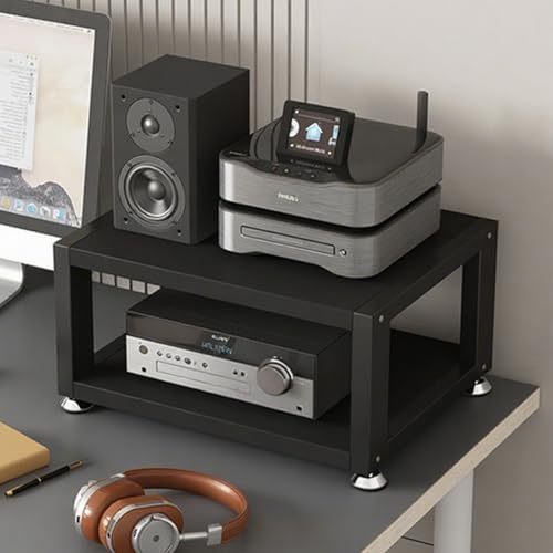 2-poziomowy stojak na media AV, otwarta szafka do przechowywania i sprzętu stereo, mała czarna półka na wzmacniacz, odtwarzacz CD/DVD, 45 x 35 x 23 cm, rozwiązanie kina domowego