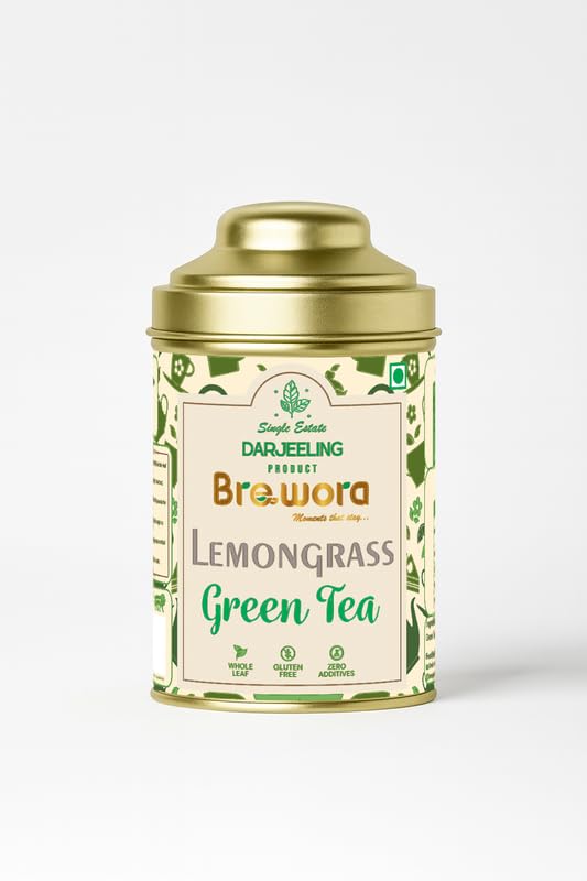 Brewora Lemongrass Green Tea Tin | Refreshing Citrus Blend | Smooth Green Tea Flavor | Antioxidant Rich Wellness Drink | Calming & Energizing Taste | Loose Leaf Tea in Resealable