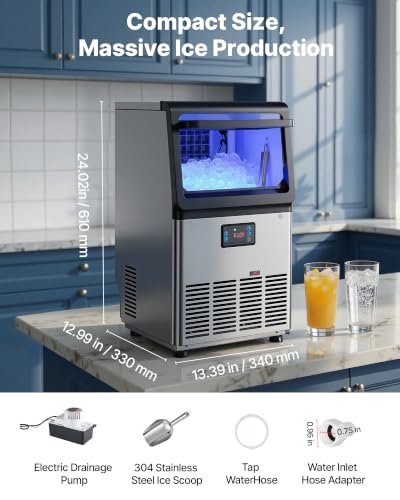 Image of VEVOR Commercial Ice Maker Machine with Pump, 80 lbs /24h with 13 lbs Storage Capacity, Countertop /Freestanding /Under Counter, Stainless Steel Ice Maker with LED Display & Self-Cleaning, for Home Bar