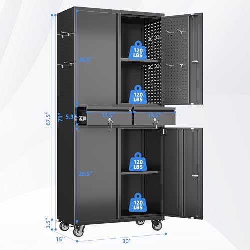 Image of 71-Inch Garage Storage Cabinet with 2 Drawers, Pegboard and Wheels