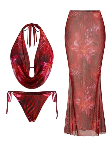 Image of ZAFUL Women's 3 Piece Floral Swimsuit Draped Neck Halter Bikini Tie Side Bathing Suit with Sheer Cover Up Skirt