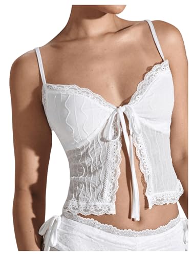 OYOANGLE Women's Lace Cami Tops Tie Front Split Camisole