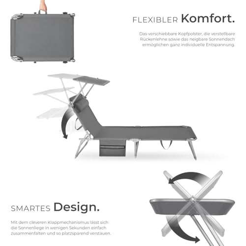 tectake® Sonnenliege klappbar, tragbar, Liege mit Seitentasche, Strandliege, Gartenliege mit Dach, Liegestuhl mit Verstellbarer Rückenlehne, inkl. Kopfkissen - für Balkon, Terrasse, Camping - grau
