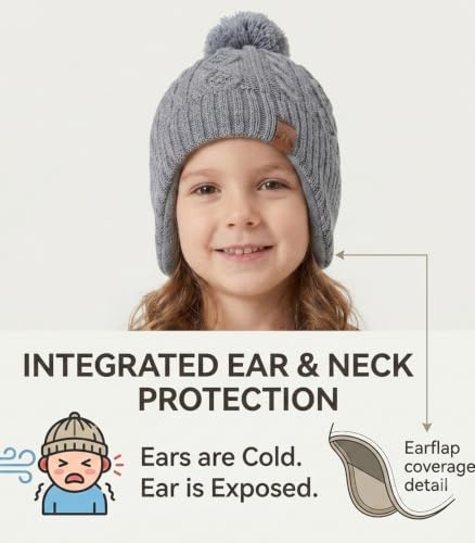 Image of LMLALML Boys Winter Hat Earflap Knitted Beanie for Kids Warm Fleece Lined Thicken Hat for Baby