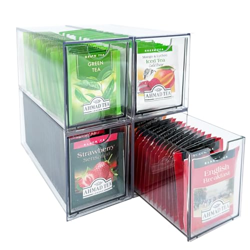 AZEZO 4-Pack Tea Bag Drawers Organizer - 4 Clear Plastic Drawer Tea Bag Holder; Stackable & Portable; Wider Size; Well-Organized Storage for Tea Bags & Kitchen Essentials
