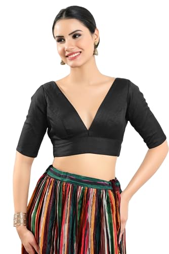 Image of Vamas Women's Silk Padded Self Design Half Sleeve Readymade Saree Blouse (X-1111.ELB)