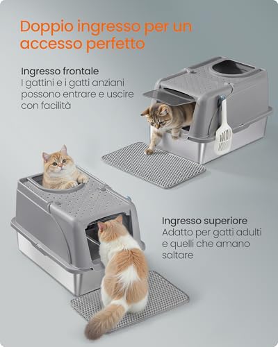 Feandrea Lettiera Per Gatti In Acciaio Inossidabile Con Coperchio Ribaltabile, Lettiera Chiusa Xl Anti Perdite, Paletta, Spazzola, Doppio Ingresso, Per Gatti Fino A 15 Kg, Grigio Tortora PPT005G01 - 5