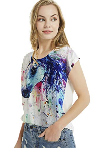 Futurino Women's Dream Mysterious Horse Print Short Sleeve Tops Casual Tee (L, White),White,Large #TOP3