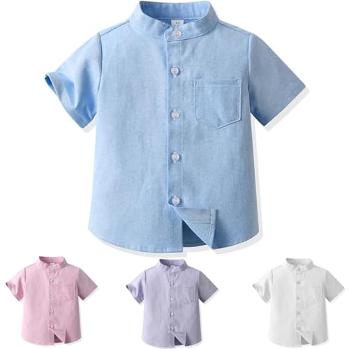 Yanmucy Toddler Little Boy Button Down Shirt Short Sleeve Solid Stand Collar Baby Summer Clothes for Kids 2-8 Years