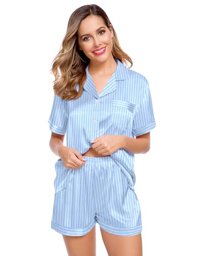 Image of LecGee Womens Silk Satin Pajamas Short Sleeve Loungewear Two-Piece Sleepwear Button-Down Pj Set
