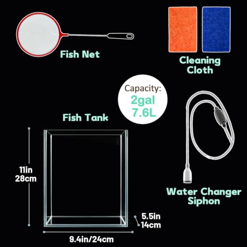 Image of LAQUAL 2 Gallon Fish Tank Starter Kit with Fish Net, 1 Water Changer Siphons & 2 Cleaning Cloth, Crystal Clear Glass Fish Tank, Small Fish Tank /Aquarium for Betta & Goldfish, Nice Home Decor