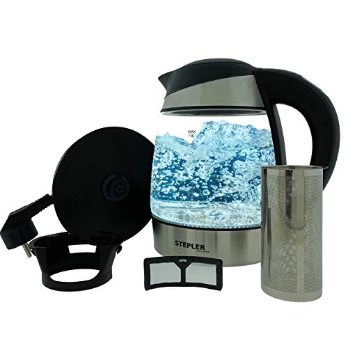 STEPLER LED-Glas-Wasserkocher 1,8 Liter (WKLG001) | Teekocher | Kalkfilter | Edelstahl | Borosilikatglas | Verschiedenfarbige LED-Beleuchtung - je nach Temperatur 60°C - 100°C | Warmhaltefunktion