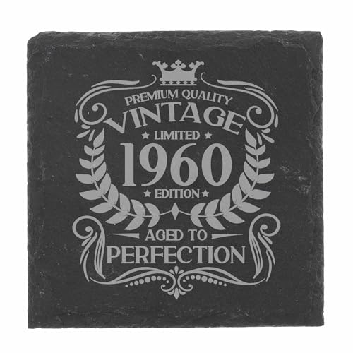 66th Birthday Gift for Men Vintage 1960 Aged to Perfection Engraved Slate Coaster Present for 66 Year Old Etched Natural Slate Placemat (Square Slate)
