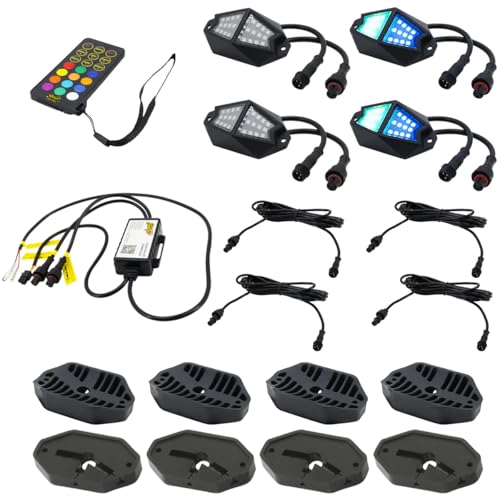 Stinger ENLIGHT10 Universal RGB Dynamic LED 4-Pod Rock Light Kit with Bluetooth Remote for Off-Road Vehicles, Jeeps, Trucks & Cars, Underbody & Wheel Well Underglow, Weather-Resistant, App Control