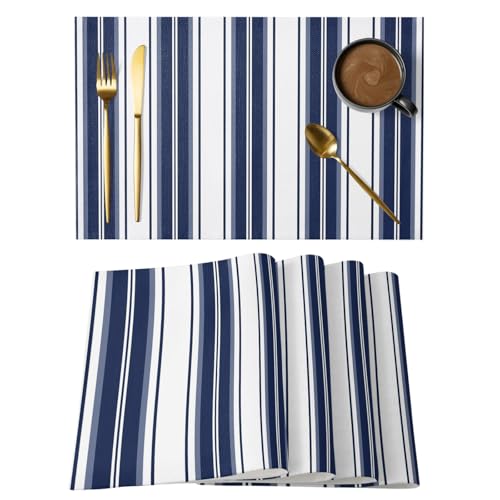 Navy Blue Striped Placemats Set of 8, Vertical Stripe Modern