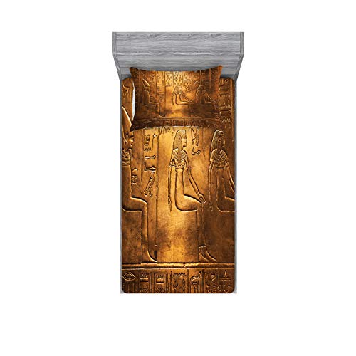 Lunarable Egyptian Print Fitted Sheet & Pillow Sham Set, Egypt Hieroglyphics Old Logographic Details Alphabetic Elements, Decorative Printed 2 Piece Bedding Decor Set, Twin, Coffee Brown