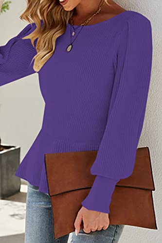 Image of Womens Fall Puff Sleeve Peplum Casual Slim Fit Knit Pullover Sweater Jumper Tops