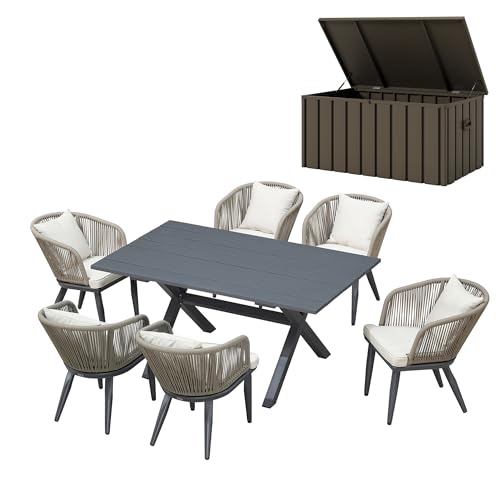 Image of PURPLE LEAF 7 Pieces Patio Dining Set with Storage Box Wicker Outdoor Furniture Rectangular Table and Chairs Set for Garden Deck Backyard Kitchen, Cushions and Pillows Included Taupe