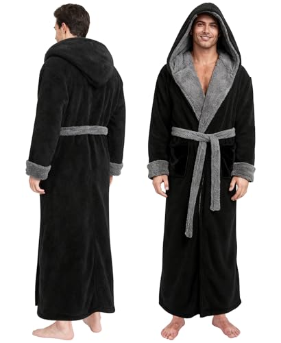 Yoimira Mens Robe with Hood, Big and Tall Plush Fleece Long Robe for Men Full-Length Bathrobe Cozy and Warm With Pockets3