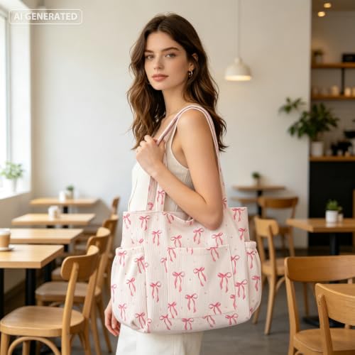 hatisan Pink Bow Corduroy Tote Bag for Women, Cute Coquette Shoulder Bag - image 3