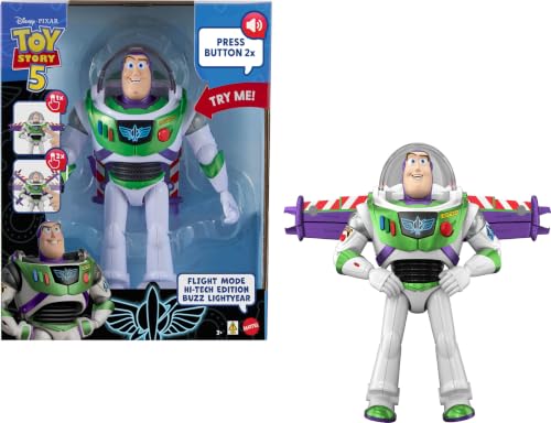 Mattel Disney y Pixar Toy Story 5 Figura de acción de 30 cm, Modo de Vuelo Edición Hi-Tech Buzz Lightyear con activación de alas, más de 35 Sonidos, JMW26
