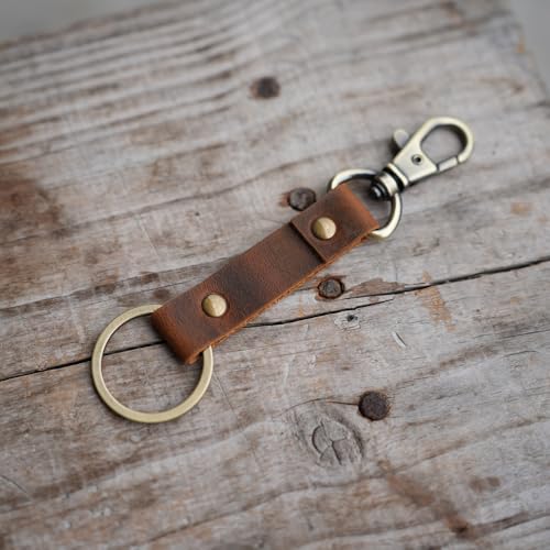 Image of JJNUSA Genuine Leather Keychain Walnut Leather Key Holder Mens Belt Key Chain Ring Fob