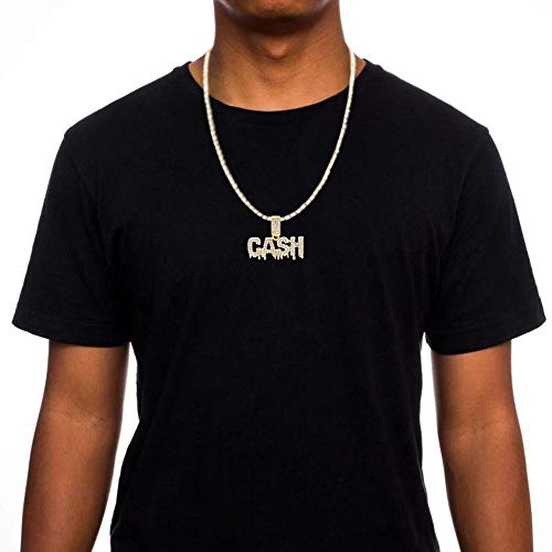 HH Bling Empire Unisex Hip Hop Iced Out Silver Gold Cz Diamond Bubble Dripping Full Name Letters Words Pendant Chain Necklace (Cash - Gold, with Tennis)