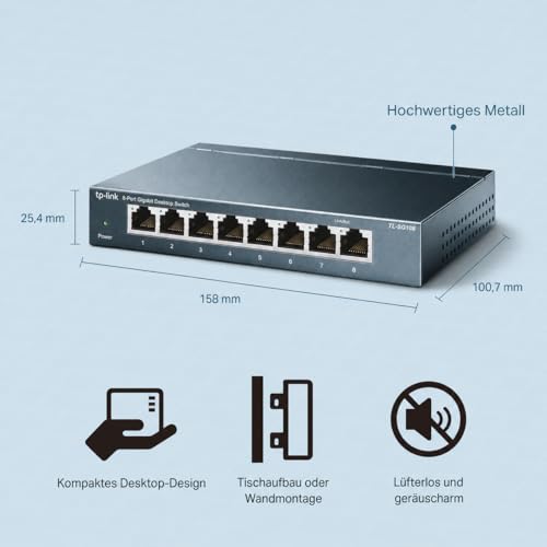 TP-Link TL-SG108 8-Port Gigabit Netzwerk Switch (Plug-and-Play, 8* RJ-45 LAN Ports, Metallgehäuse, IGMP-Snooping, unmanaged, lüfterlos) blau metallic