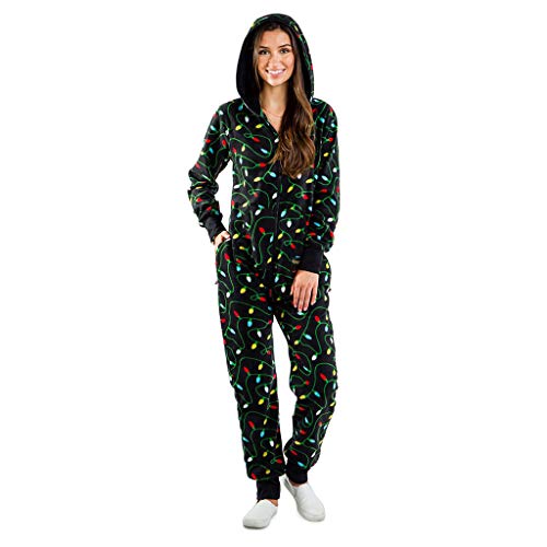 DEATU Women Onesie Pajamas Sleepwear - Christmas One Piece PJS Jumpsuit Long Sleeve Hoodie Zipper Print Nightwear(XX-Large,Green)