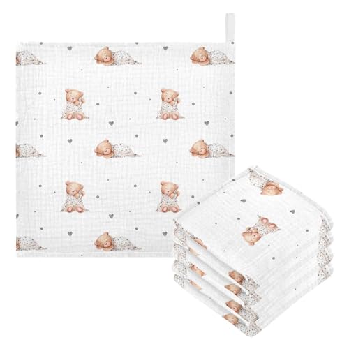Image of vvfelixl Baby Washcloths Cotton Cute Sleeping Teddy Bears Baby Muslin Washcloths Soft Baby Face Towel for Newborn Infants Baby Wipes, 11.8 X 11.8 inch, one sizex5