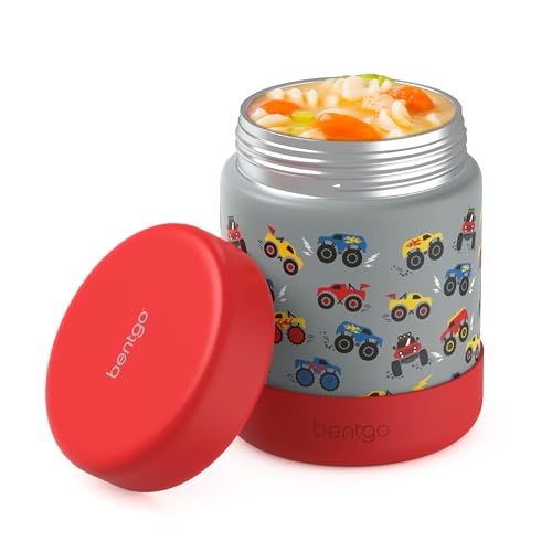 Image of Bentgo Kids Stainless Steel Leak-Proof Food Jar for Hot or Cold Food | 11 fl oz Double Insulated Container with Removable Silicone Bumper, Dishwasher Safe, Easy Open Lid, Ages 3+ (Trucks)