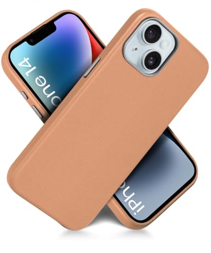 Image of WOW IMAGINE Back Cover for iPhone 13 | iPhone 14 | Shockproof Tough Leather Texture Hard Mobile Case | Ultra Slim Non-Slip Grip | Inner Velvet Fabric | Metal Camera Ring (Tan Brown)