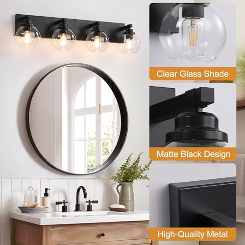 Image of LmnLvn Bathroom Light Fixtures, Farmhouse Black & Metal with Globe Glass